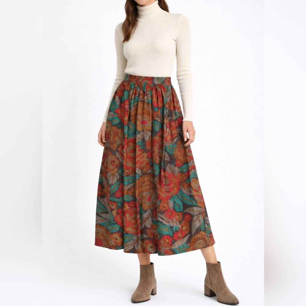 VINTAGE Floral Midi Skirt | S | Brown Teal Red | 80s Boho Cottagecore
